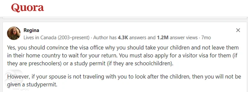 نظر کاربر در Quora در مورد ویزای همراه فرزند برای دانشجویان بین المللی خواهان ویزای تحصیلی کانادا